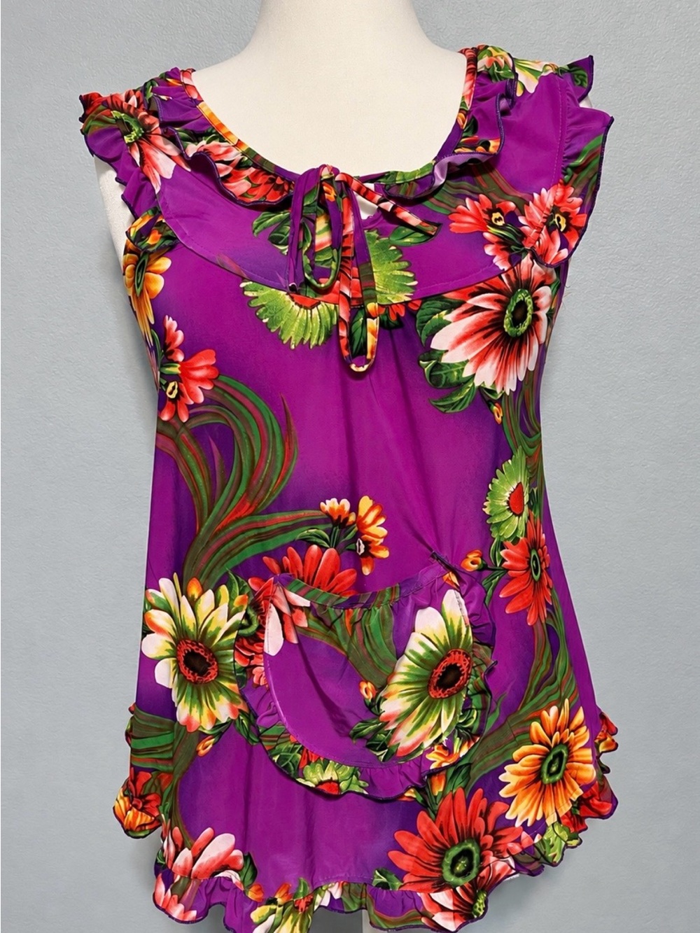 Womens Purple Floral Ruffle Tunic Top Front Pocket Boho Y2K Cottagecore XS